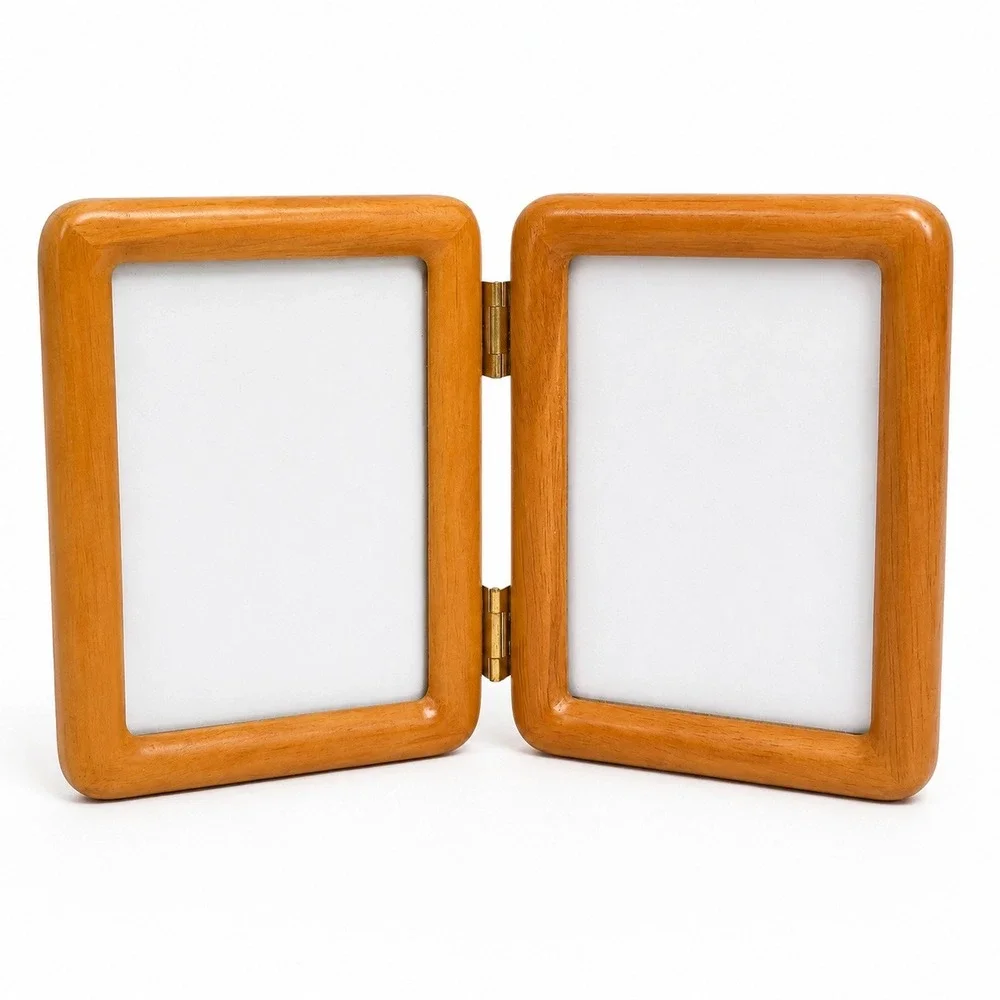 Fetco 3.5x5 Wood Double Picture Frame Hinged Tabletop 7261D Honey Brown Vintage